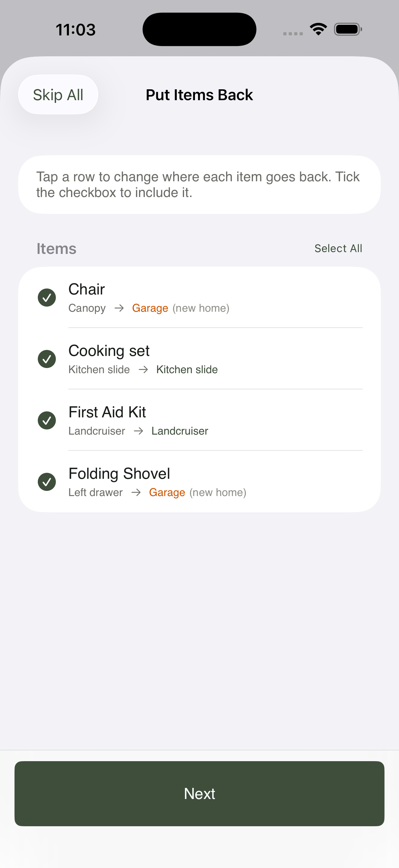Batch location update screen at trip-end, listing items with a suggested new location for each, plus the Confirm all / Confirm individually / Skip controls
