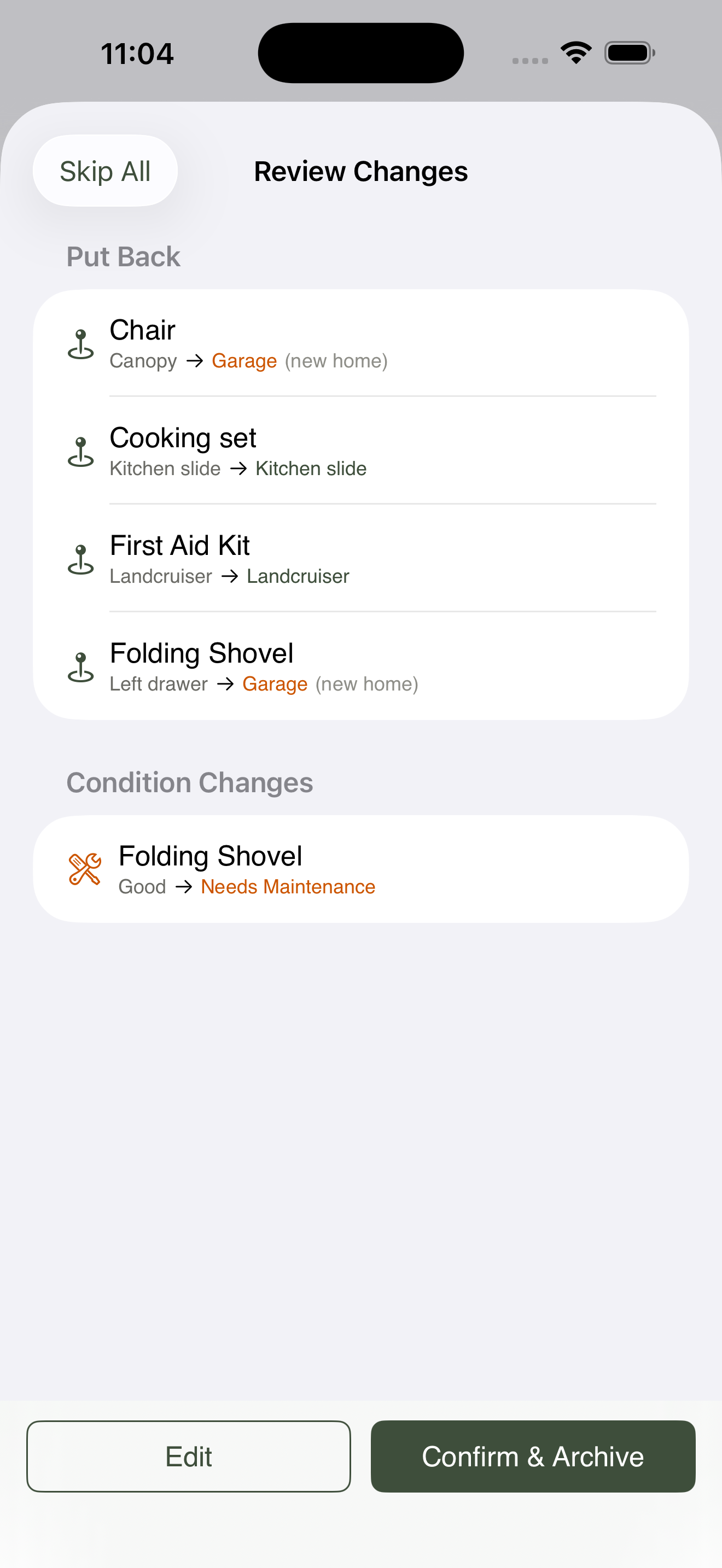Post-trip review screen showing the batch location return step, with each item's Usually lives in location pre-suggested as the return target