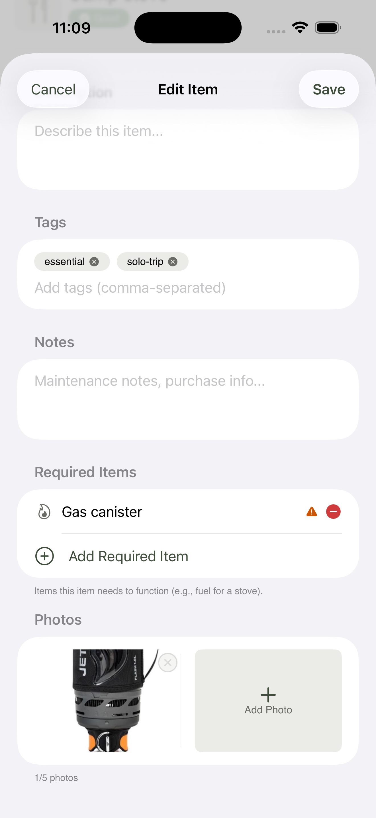 Item form for Camp stove scrolled to the Required Items section, showing existing requirements and the Add Required Item button