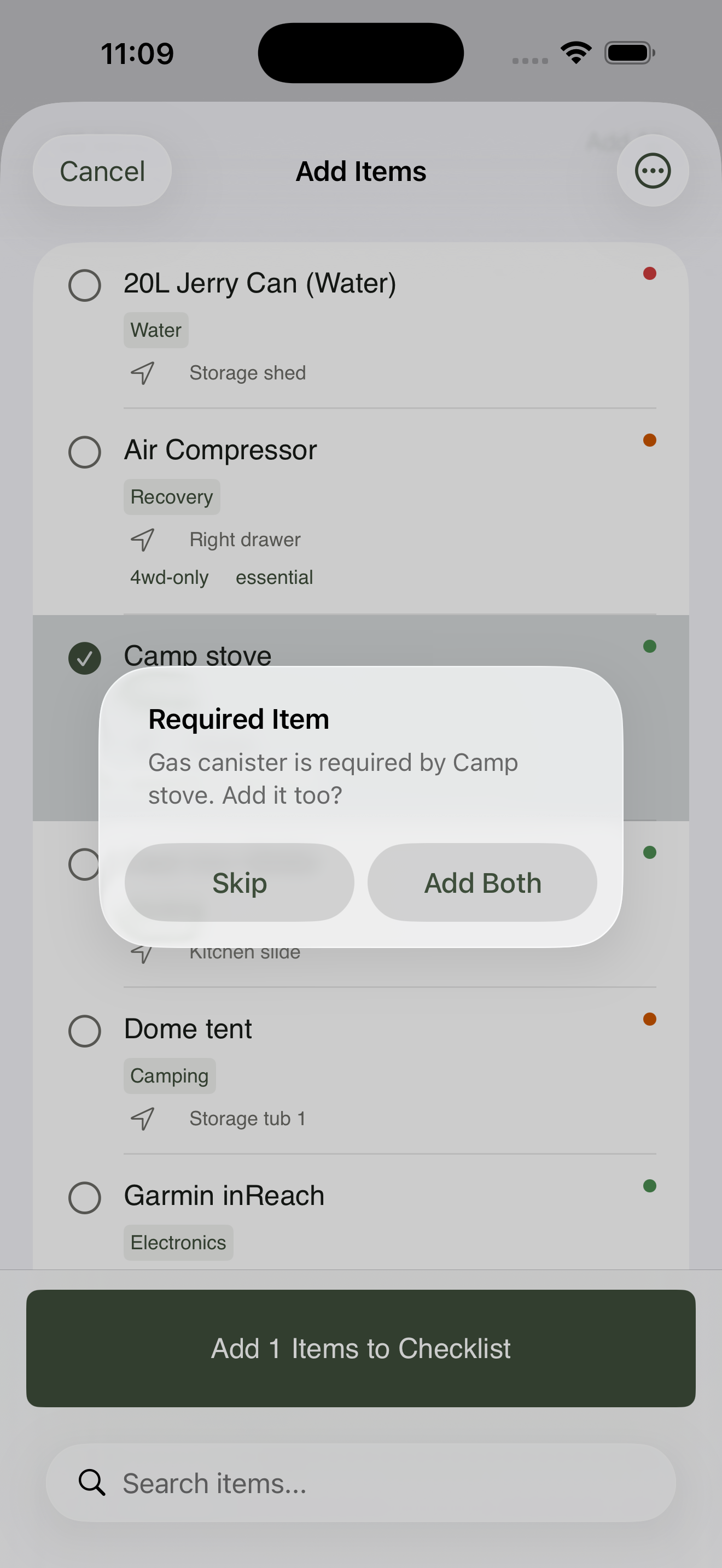 Required Item alert with the message "Gas canister is required by Camp stove. Add it too?" and two buttons: Add Both and Skip