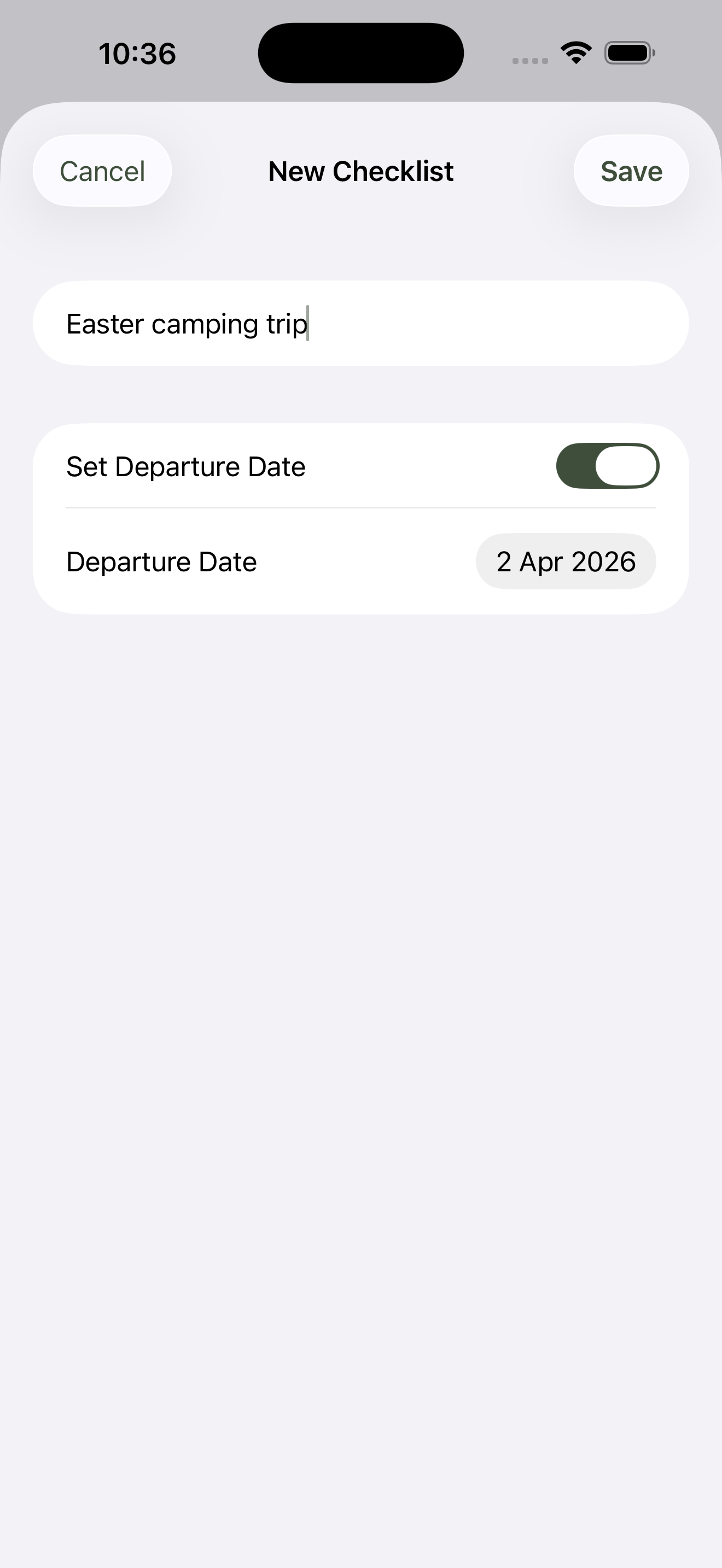 New-checklist form filled in with name Easter camping trip and a departure date set