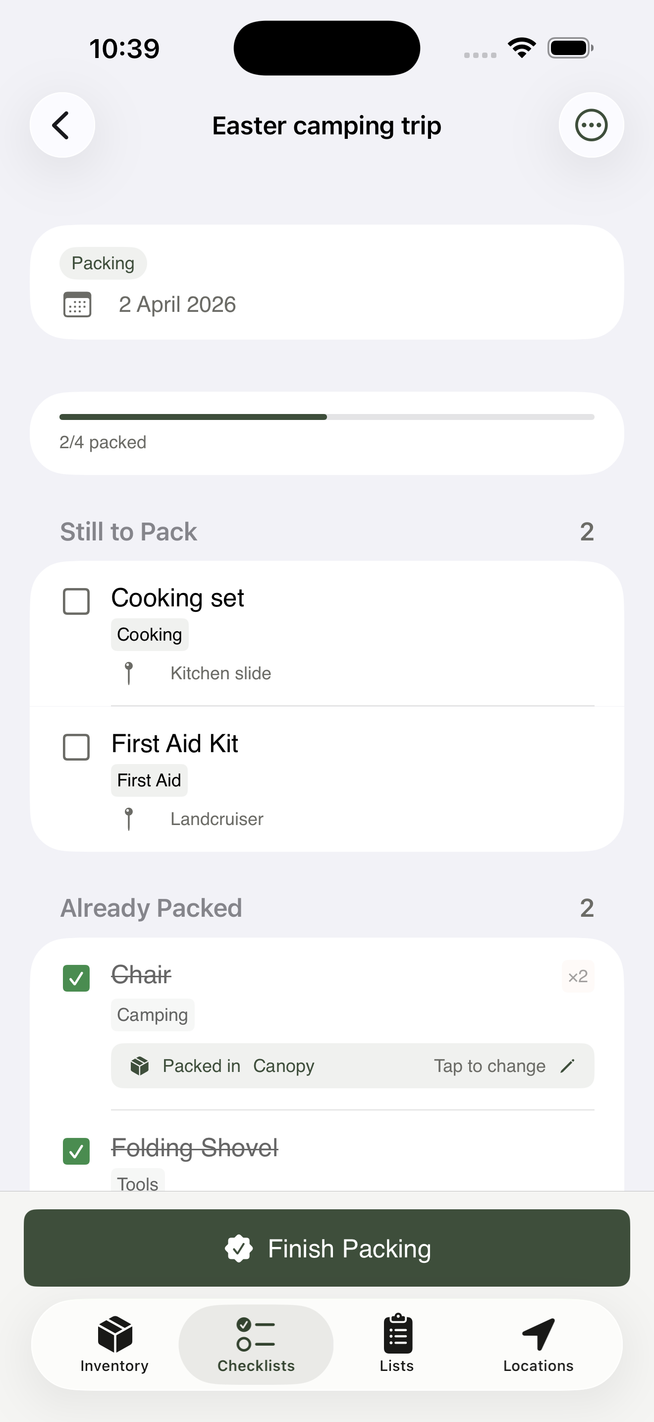 Easter camping trip checklist mid-pack: a few items checked off in Already packed with destination chips, several still in Still to pack with from-hints